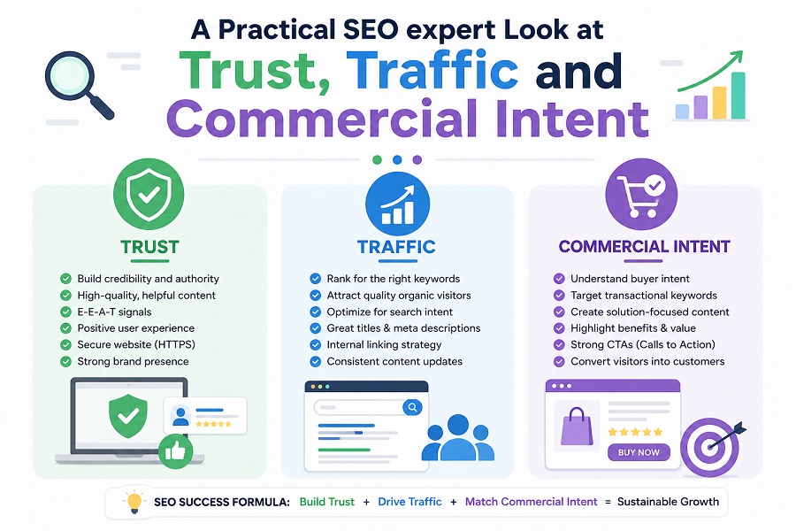 SEO infographic showing trust, traffic and commercial intent strategy